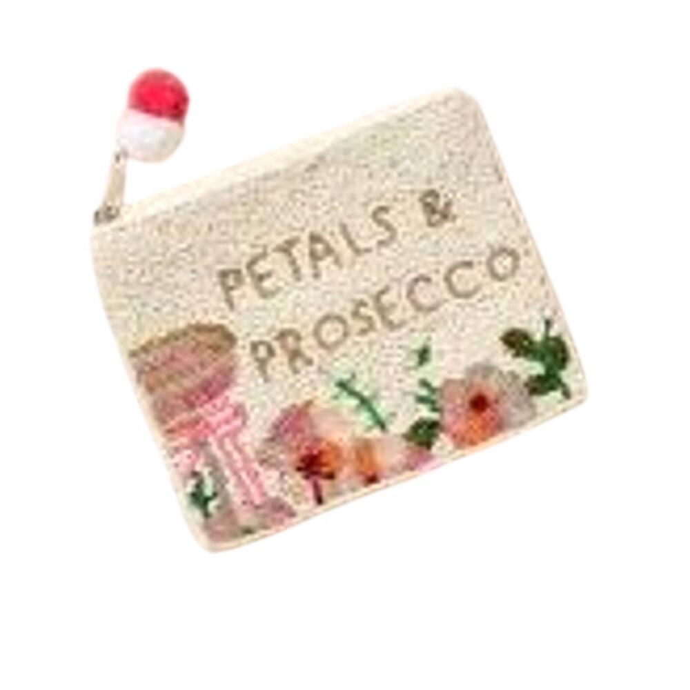 NWT FRANCESCA'S PETALS & PROSECCO BEADED POM-POM ZIP POUCH